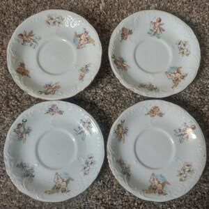 Trisa Porcelain Cherub Floral Saucers Set of 4 Scalloped Gold Trim Vintage Style
